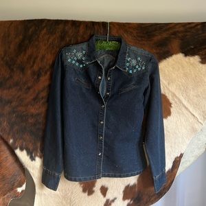 Wrangler Blue Denim Beaded Button Snap Western Shirt